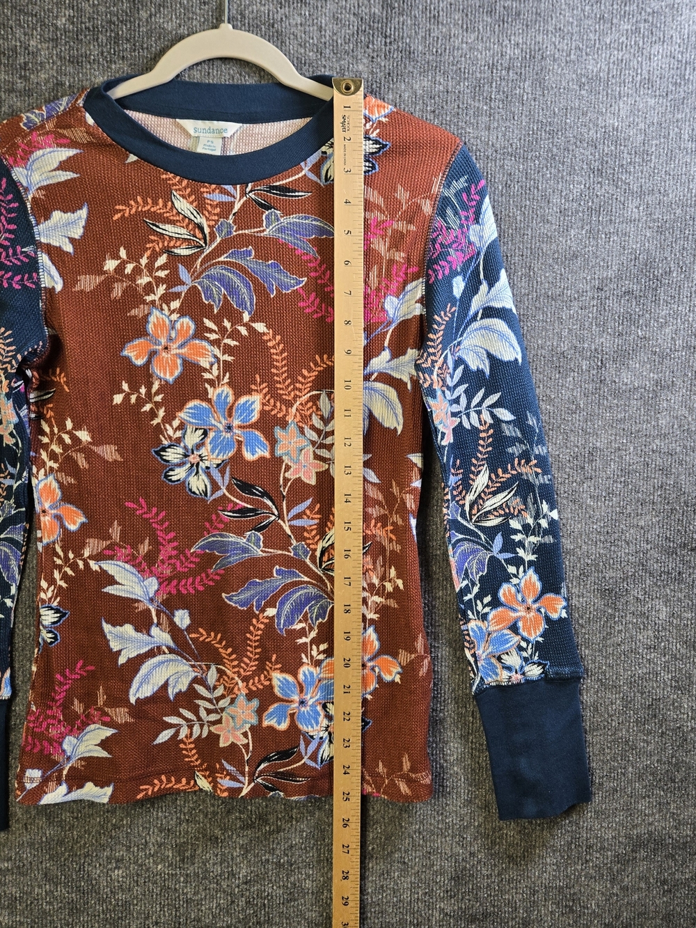 Sundance T Shirt Women PS Burnt Orange Blue Floral Thermal Earthy Fall Layering - Picture 6 of 10